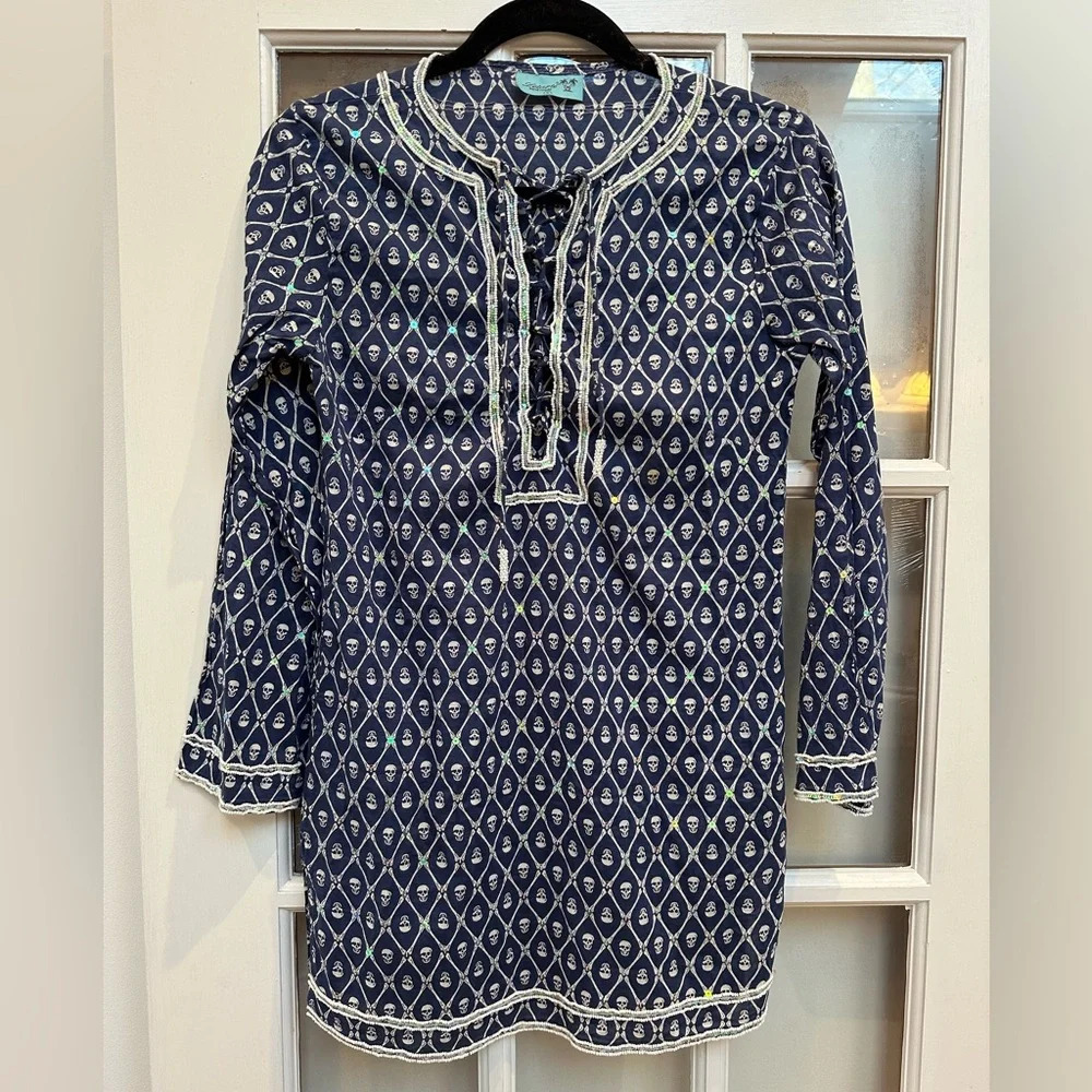 Letarte Skull Tunic Coverup Dress Goth Punk Sequin Bead 3/4 Sleeve Blouse Size S